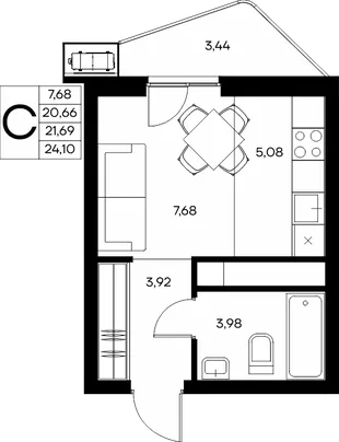Планировка Студия, 24.1 м² ЖК «Прибрежный дом»