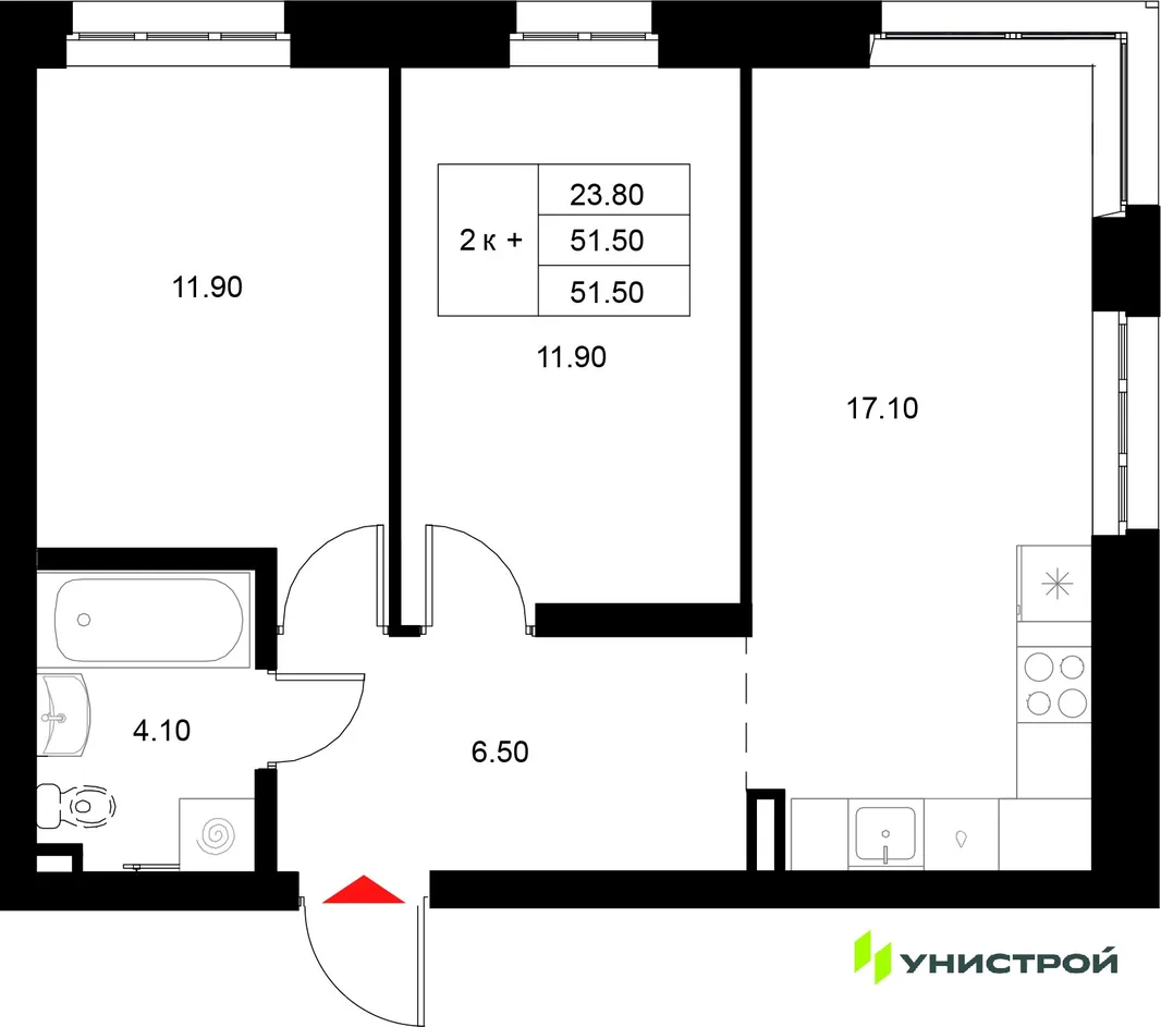Планировка 2-комн. квартира, 51.5 м² ЖК «Уникод на Технической»