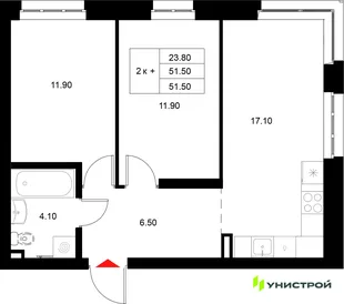 Планировка 2-комн. квартира, 51.5 м² ЖК «Уникод на Технической»