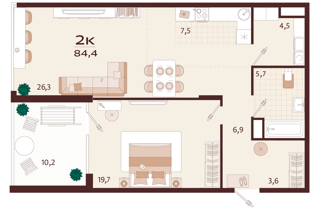 Планировка 2-комн. квартира, 84.4 м² ЖК «Роялта»