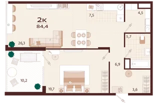 Планировка 2-комн. квартира, 84.4 м² ЖК «Роялта»