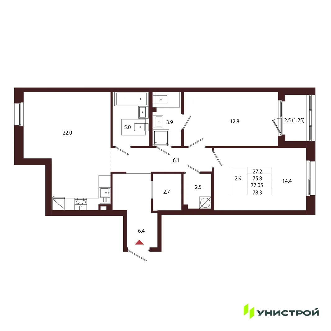 Планировка 2-комн. квартира, 77.05 м² ЖК «Лисино»