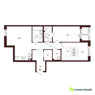 Планировка 2-комн. квартира, 77.05 м² ЖК «Лисино»