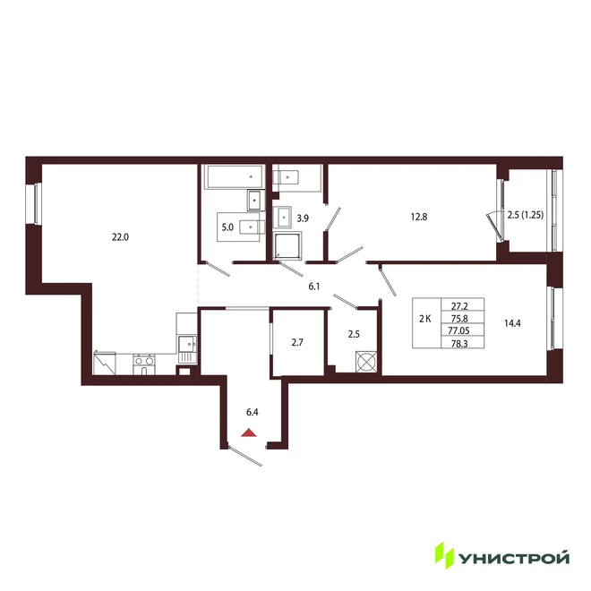 Планировка 2-комн. квартира, 77.05 м² ЖК «Лисино»