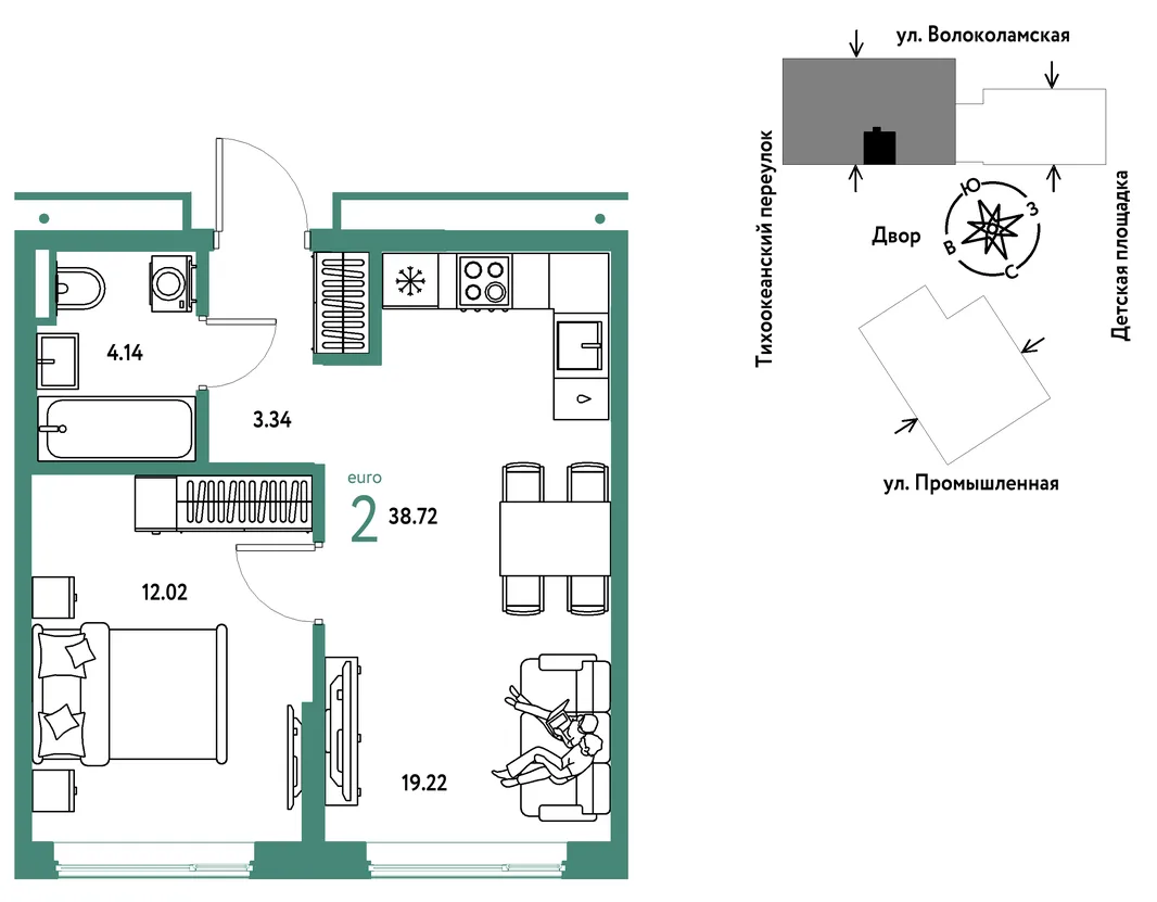 Планировка 2-комн. квартира, 38.72 м² ЖК «Страна Прибрежная»