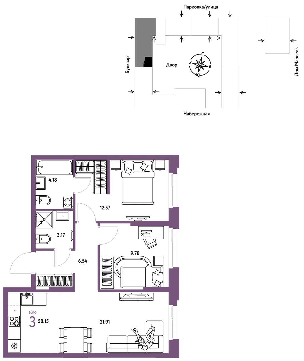 Планировка 3-комн. квартира, 58.15 м² ЖК «Европейский берег 2.0»