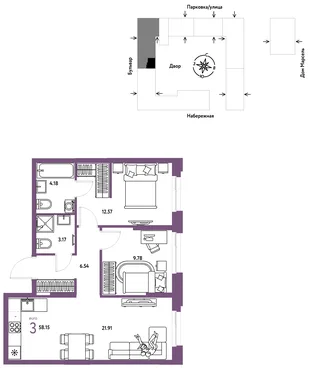 Планировка 3-комн. квартира, 58.15 м² ЖК «Европейский берег 2.0»