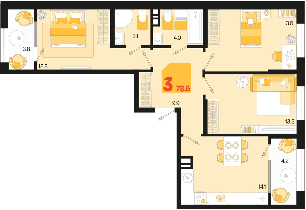 Планировка 3-комн. квартира, 78.6 м² ЖК «Первое место»