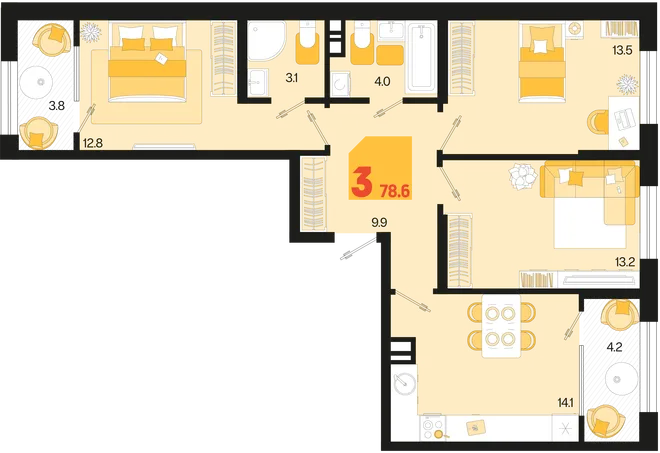 Планировка 3-комн. квартира, 78.6 м² ЖК «Первое место» Планировка 3-комн. квартира, 78.6 м² ЖК «Первое место»