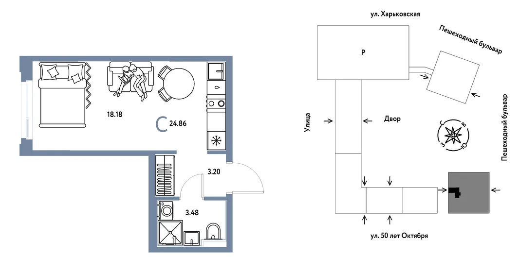 Планировка Студия, 24.86 м² ЖК «Сердце Сибири»