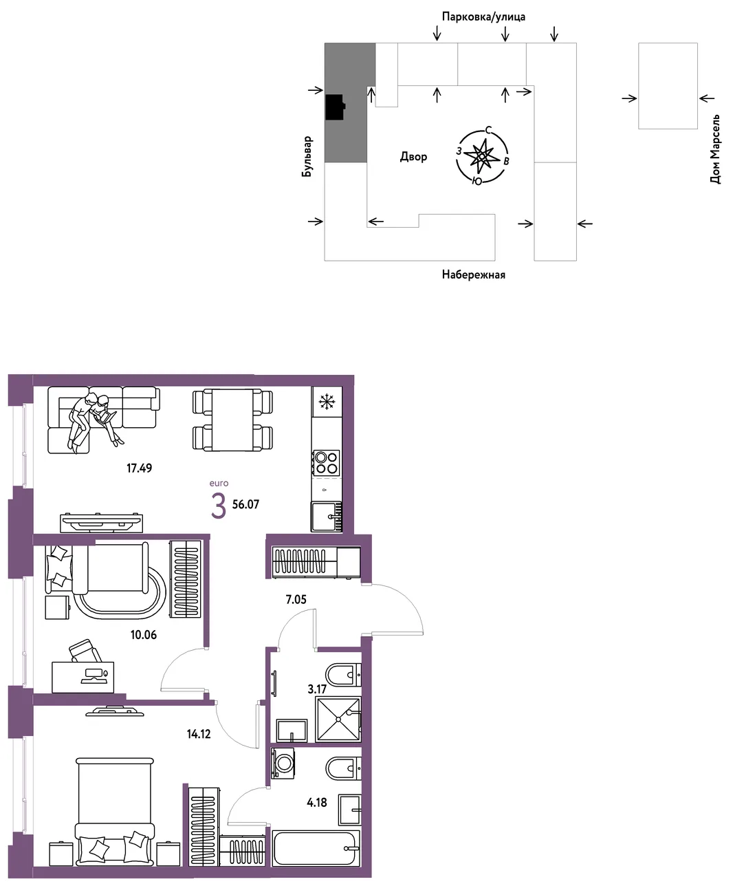 Планировка 3-комн. квартира, 56.07 м² ЖК «Европейский берег 2.0»