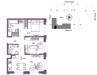 Планировка 3-комн. квартира, 53.84 м² ЖК «Европейский берег 2.0»