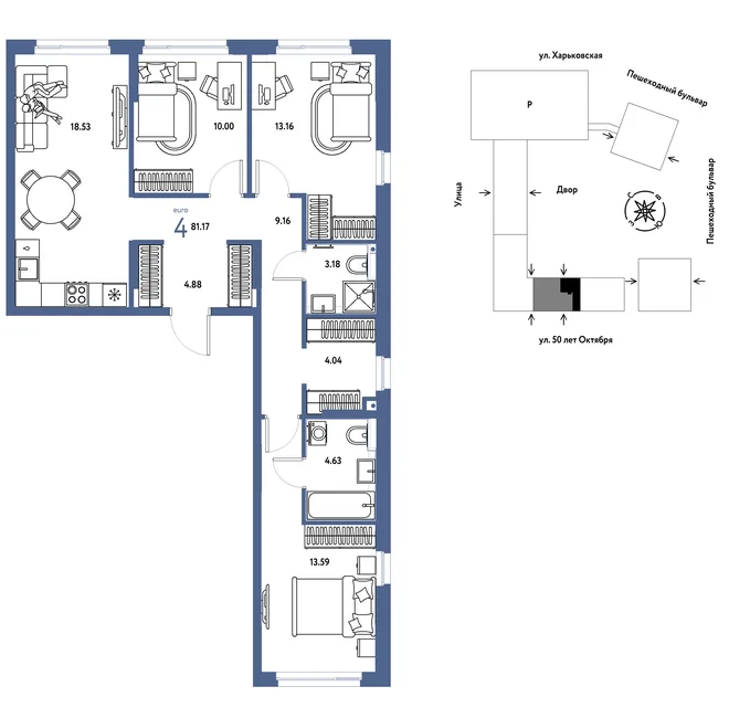 Планировка 4-комн. квартира, 81.17 м² ЖК «Сердце Сибири» Планировка 4-комн. квартира, 81.17 м² ЖК «Сердце Сибири»