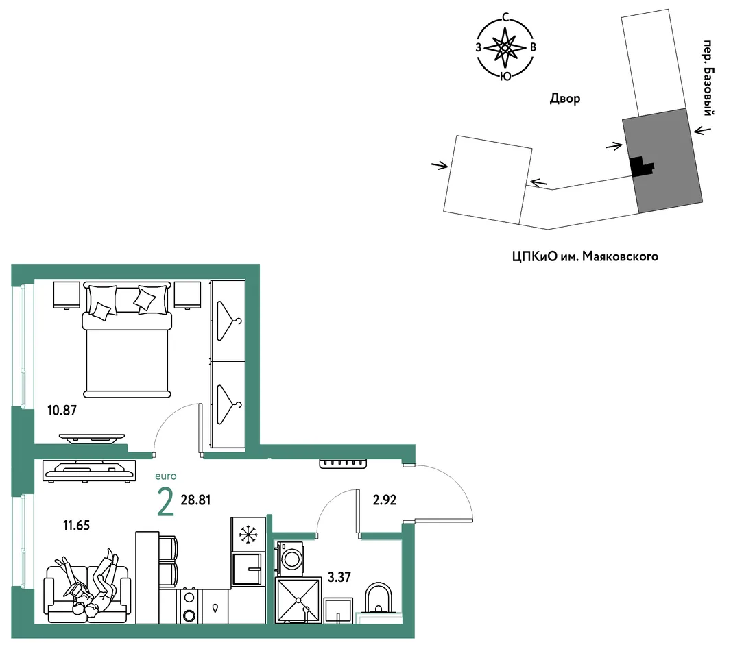 Планировка 2-комн. квартира, 28.81 м² ЖК «Сибирский сад»