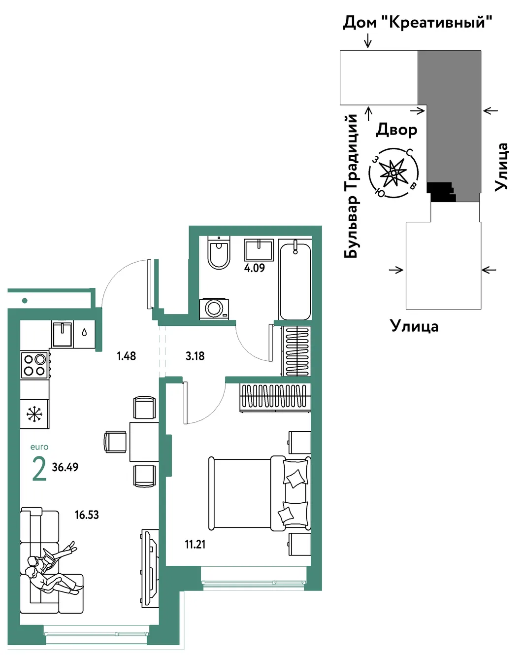 Планировка 2-комн. квартира, 36.49 м² ЖК «Микрорайон Домашний»