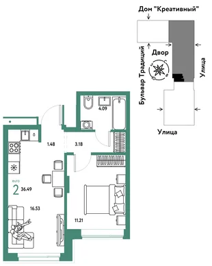 Планировка 2-комн. квартира, 36.49 м² ЖК «Микрорайон Домашний»