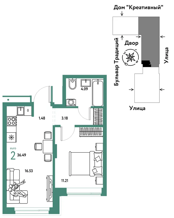 Планировка 2-комн. квартира, 36.49 м² ЖК «Микрорайон Домашний» Планировка 2-комн. квартира, 36.49 м² ЖК «Микрорайон Домашний»