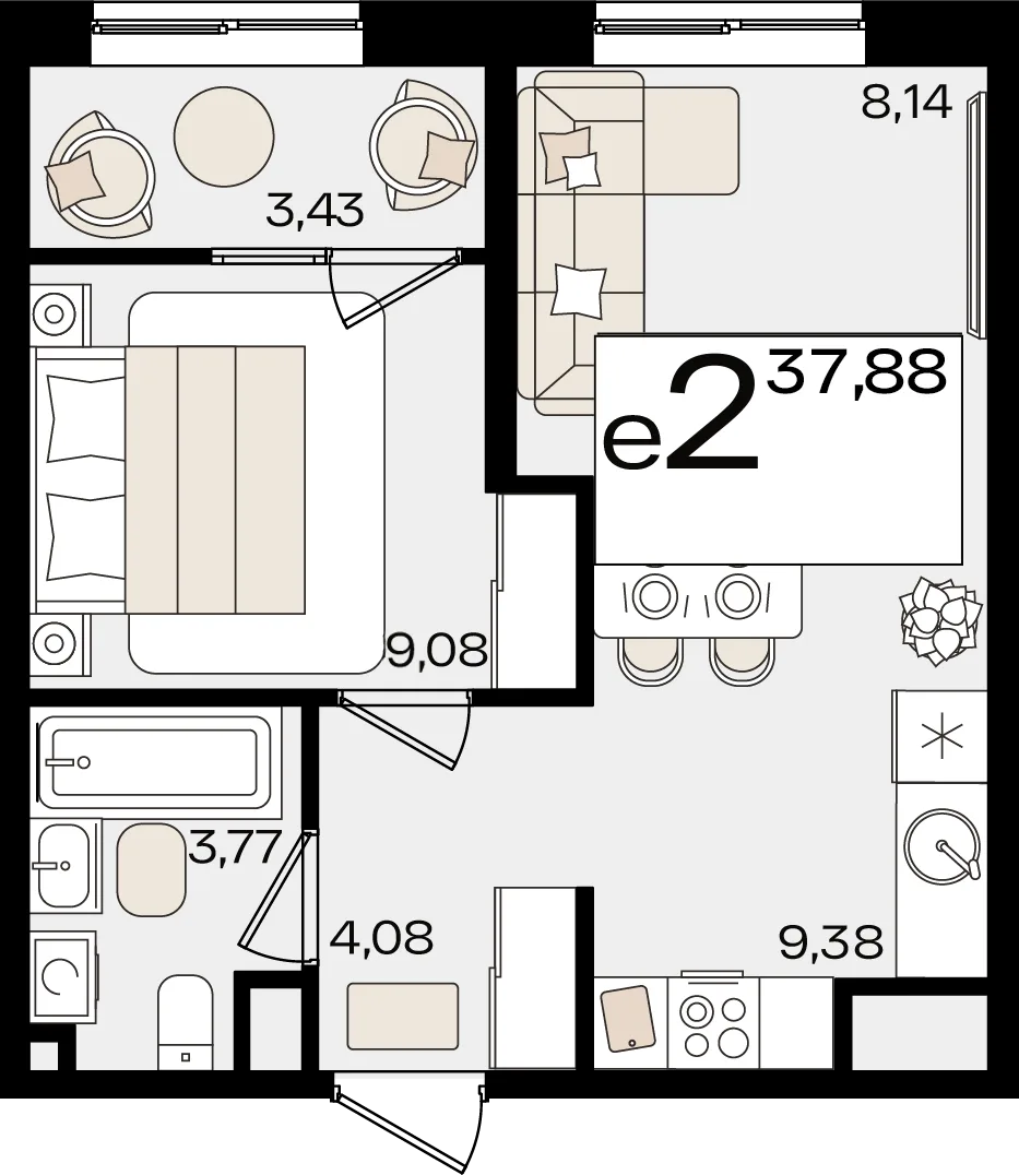 Планировка 2-комн. квартира, 37.88 м² ЖК «Патрики»