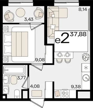 Планировка 2-комн. квартира, 37.88 м² ЖК «Патрики»