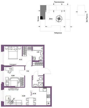 Планировка 3-комн. квартира, 62.18 м² ЖК «Европейский берег 2.0»