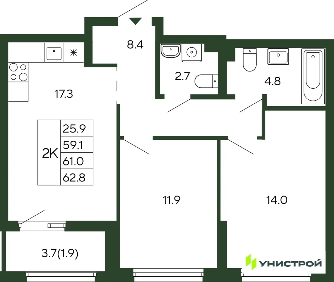 Планировка 2-комн. квартира, 61 м² ЖК «Парковый квартал 2.0»
