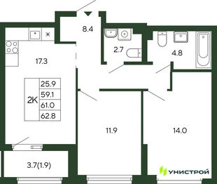 Планировка 2-комн. квартира, 61 м² ЖК «Парковый квартал 2.0»