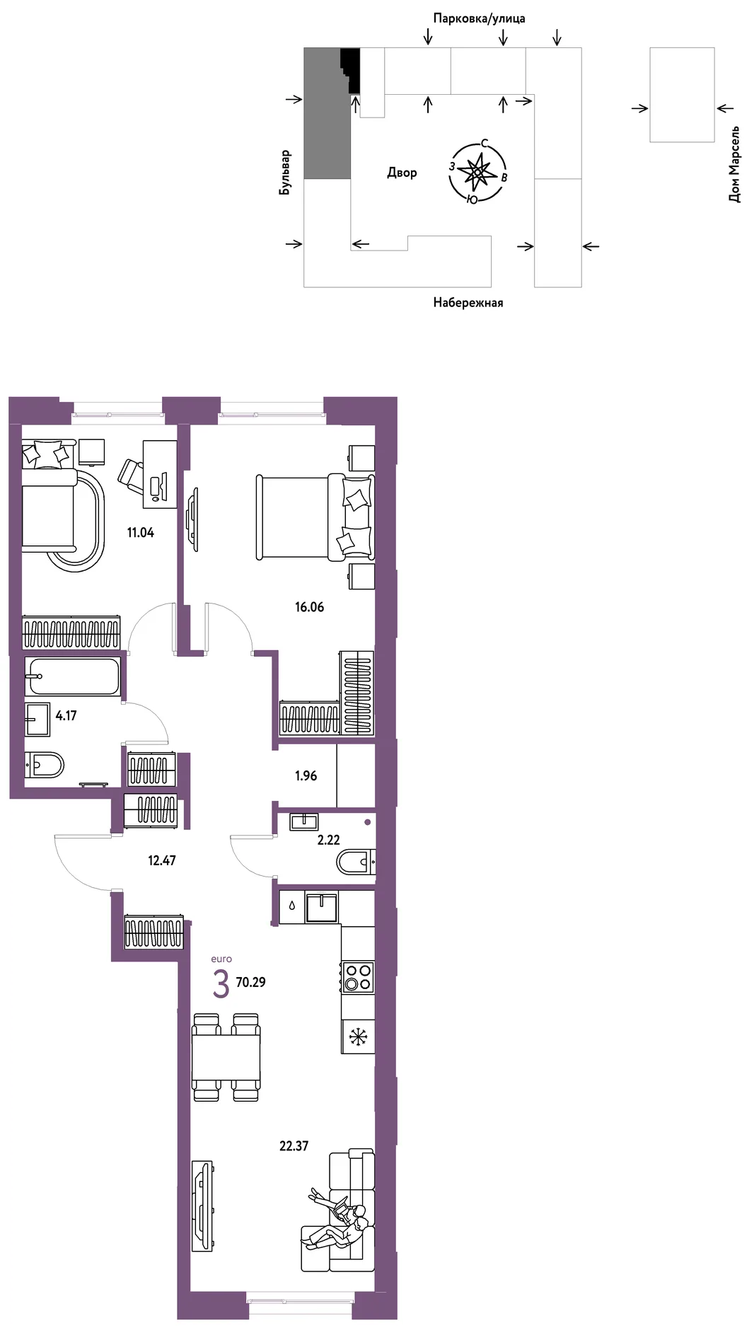 Планировка 3-комн. квартира, 70.29 м² ЖК «Европейский берег 2.0»