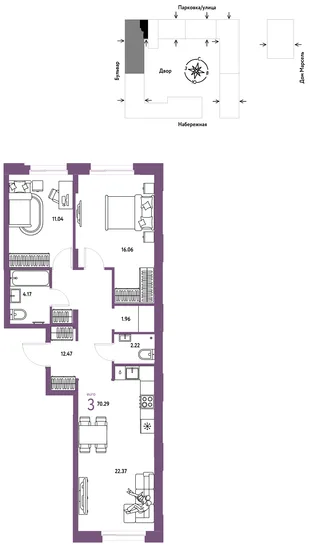 Планировка 3-комн. квартира, 70.29 м² ЖК «Европейский берег 2.0»