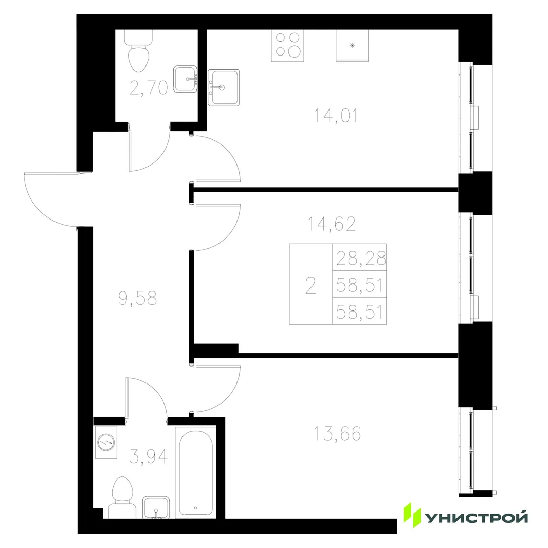 Планировка 2-комн. квартира, 58.51 м² ЖК «Statum»