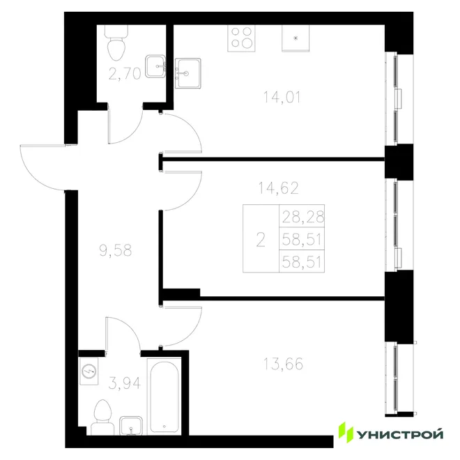 Планировка 2-комн. квартира, 58.51 м² ЖК «Statum» Планировка 2-комн. квартира, 58.51 м² ЖК «Statum»