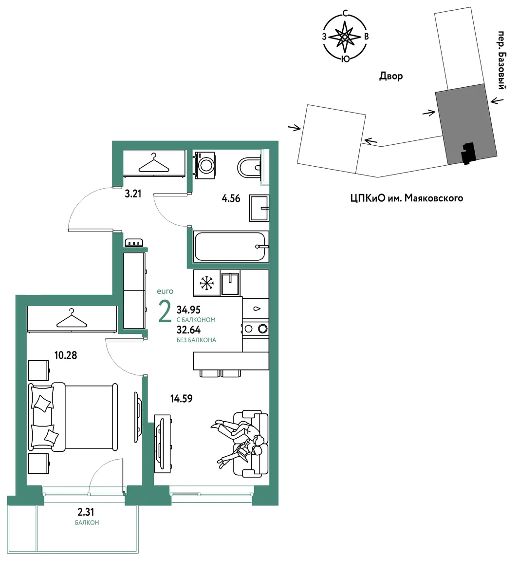 Планировка 2-комн. квартира, 34.95 м² ЖК «Сибирский сад»