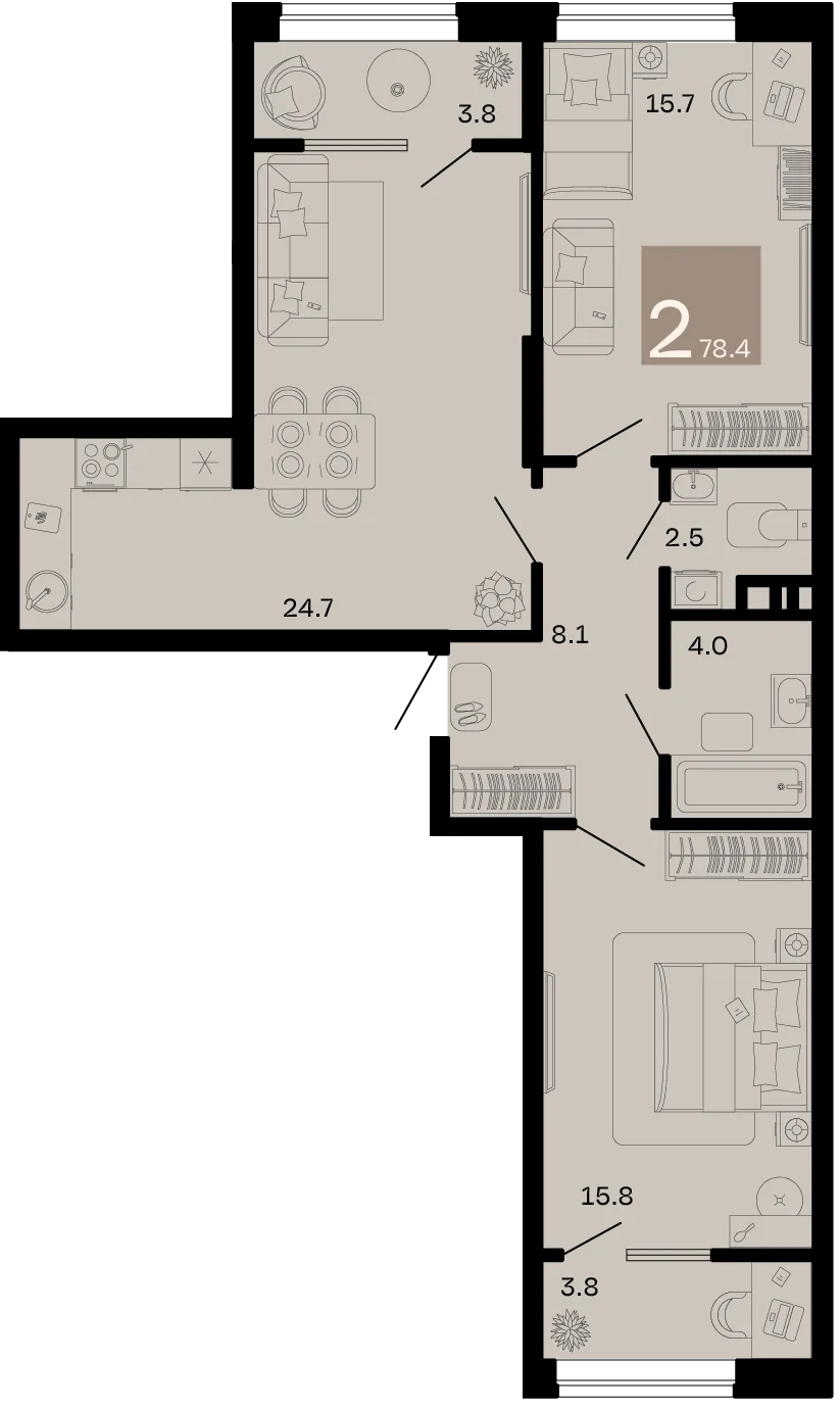 Планировка 2-комн. квартира, 78.4 м² ЖК «Хозяин морей»