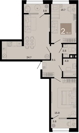Планировка 2-комн. квартира, 78.4 м² ЖК «Хозяин морей»