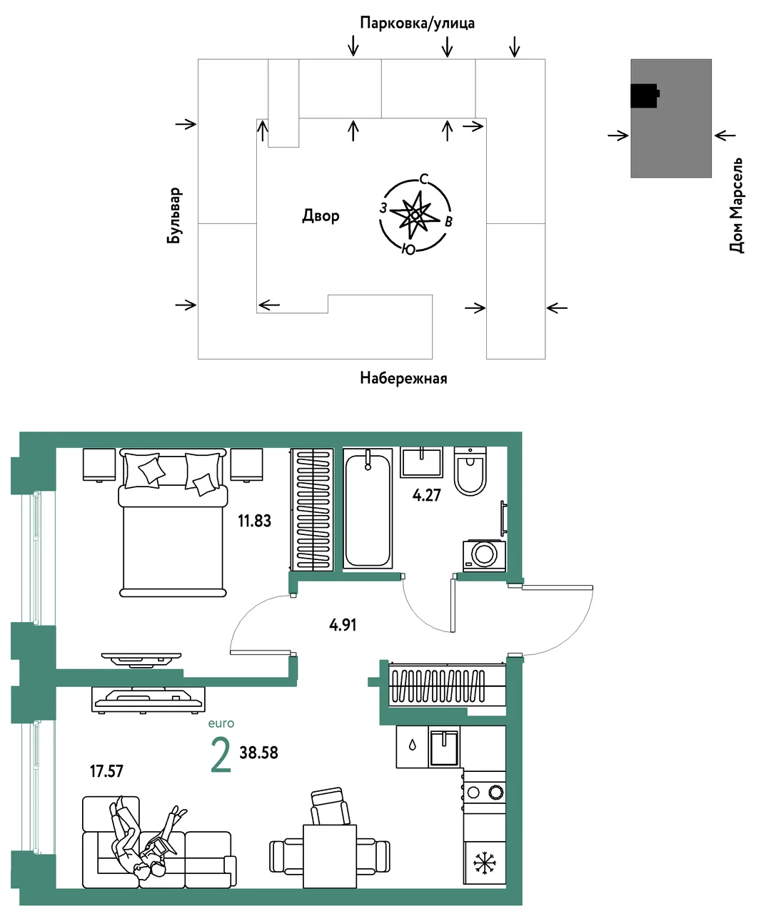 Планировка 2-комн. квартира, 38.58 м² ЖК «Европейский берег 2.0»