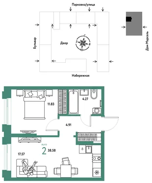 Планировка 2-комн. квартира, 38.58 м² ЖК «Европейский берег 2.0»