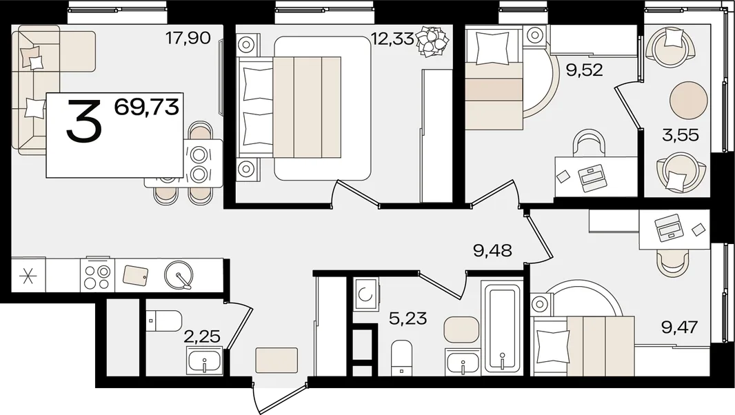 Планировка 3-комн. квартира, 69.73 м² ЖК «Патрики»