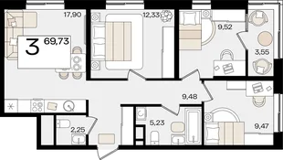 Планировка 3-комн. квартира, 69.73 м² ЖК «Патрики»