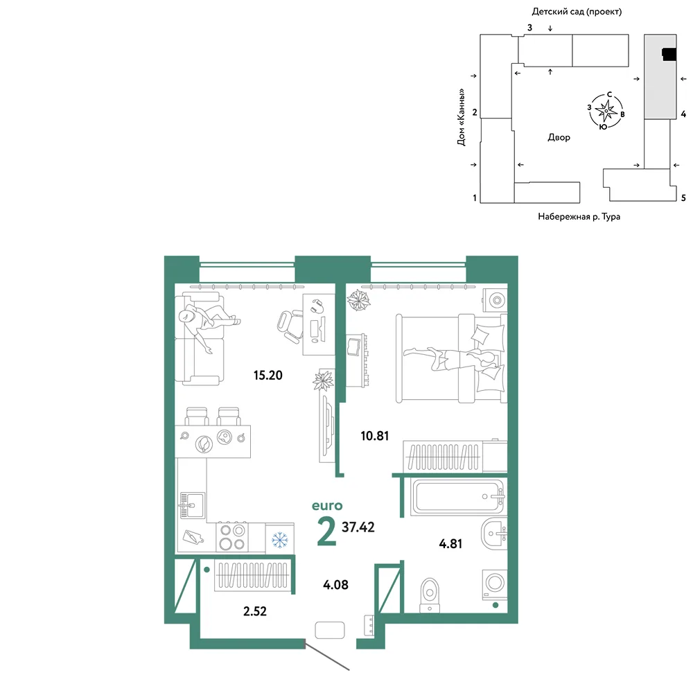 Планировка 2-комн. квартира, 37.42 м² ЖК «Европейский берег 2.0»