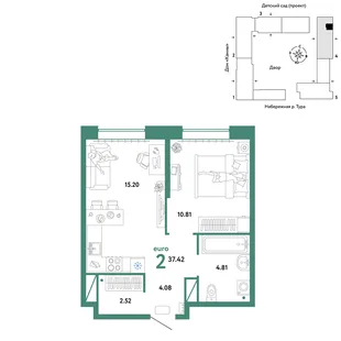 Планировка 2-комн. квартира, 37.42 м² ЖК «Европейский берег 2.0»