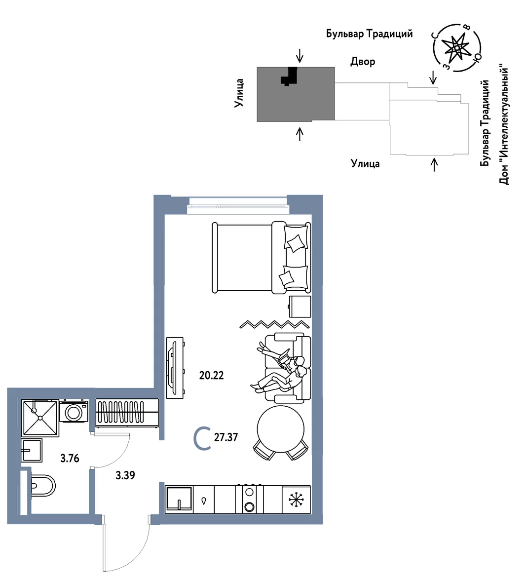 Планировка Студия, 27.37 м² ЖК «Микрорайон Домашний»