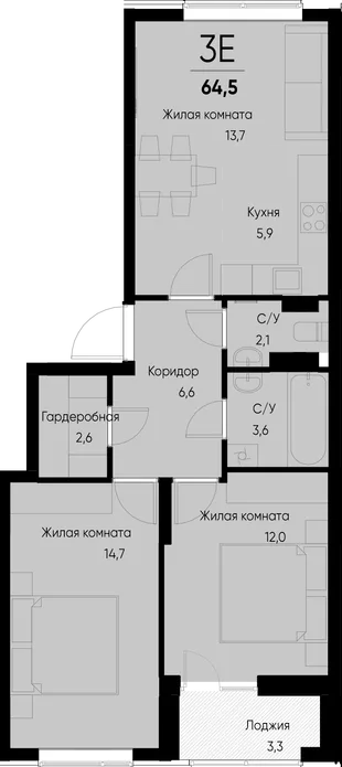 Планировка 3-комн. квартира, 64.5 м² ЖК «Васильевский остров»