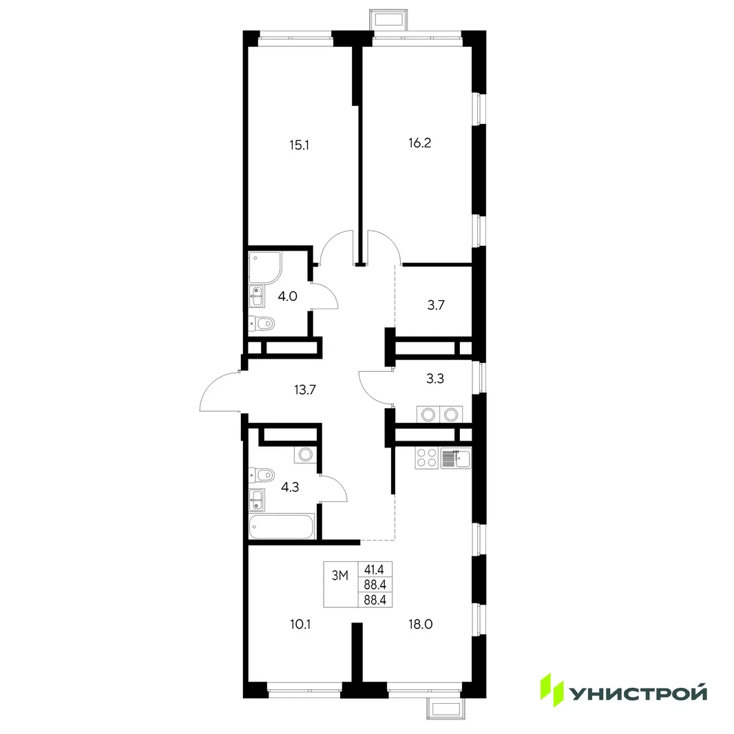 Планировка 3-комн. квартира, 88.4 м² ЖК «Стадиум»