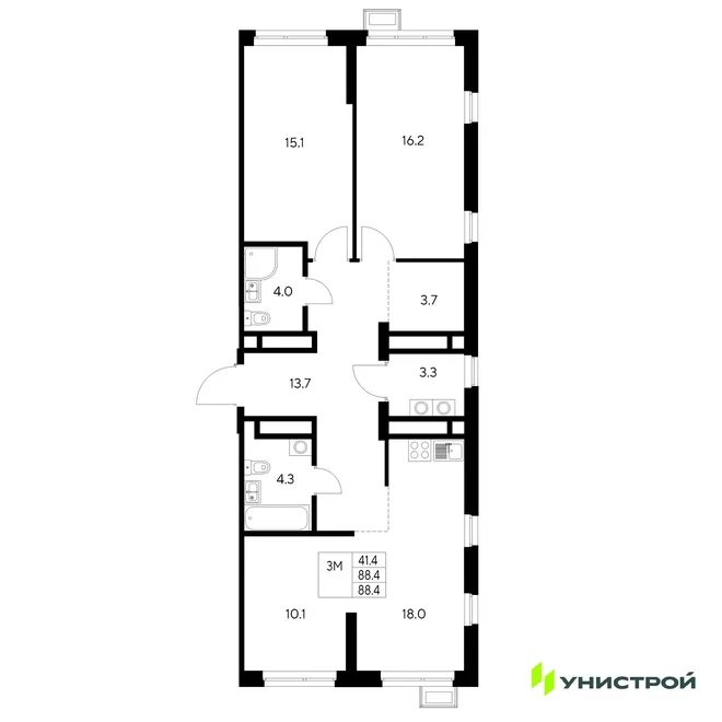 Планировка 3-комн. квартира, 88.4 м² ЖК «Стадиум» Планировка 3-комн. квартира, 88.4 м² ЖК «Стадиум»