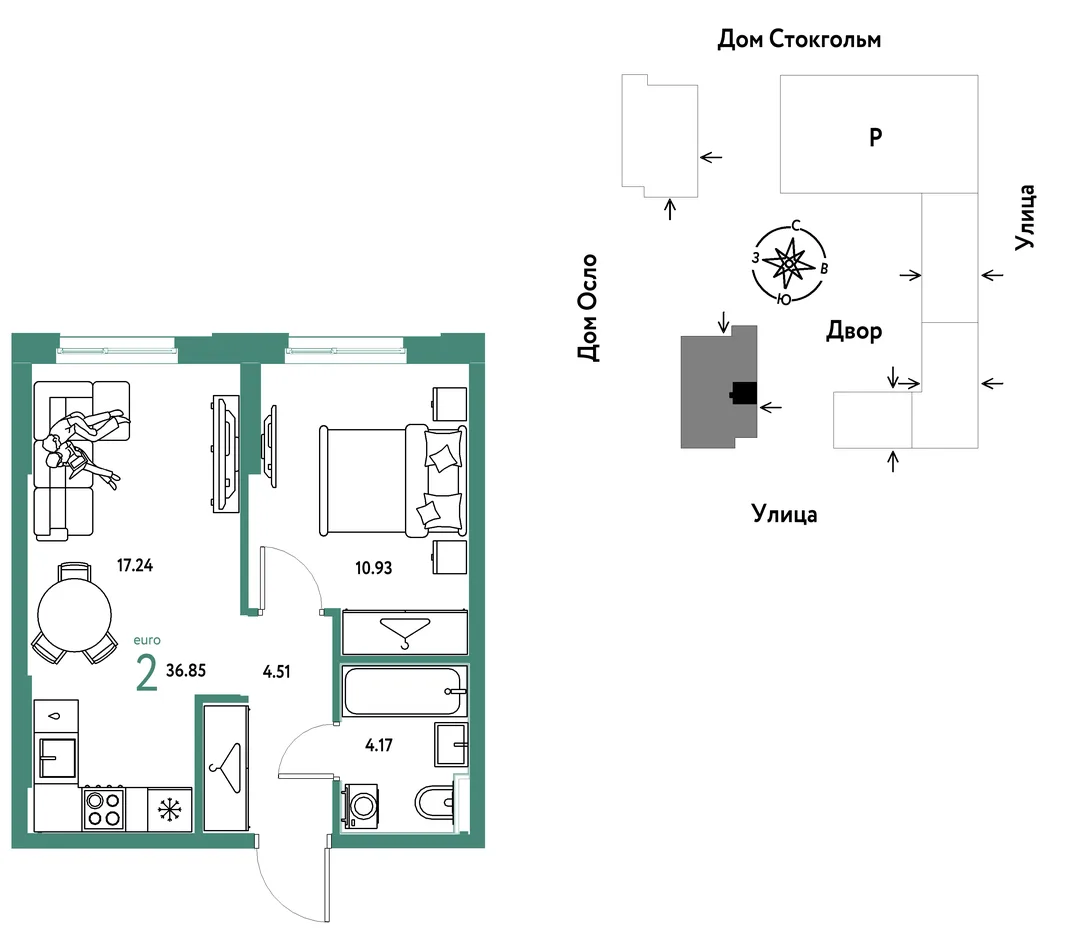 Планировка 2-комн. квартира, 36.85 м² ЖК «Европейский берег 2.0»
