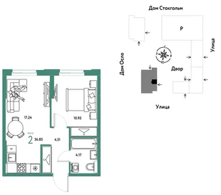 Планировка 2-комн. квартира, 36.85 м² ЖК «Европейский берег 2.0»