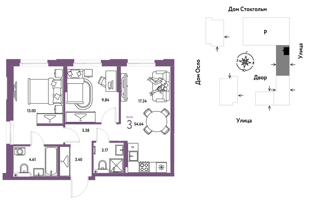 Планировка 3-комн. квартира, 54.64 м² ЖК «Европейский берег 2.0»