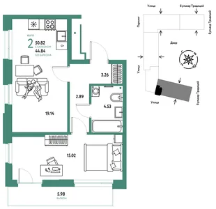 Планировка 2-комн. квартира, 50.82 м² ЖК «Микрорайон Домашний»