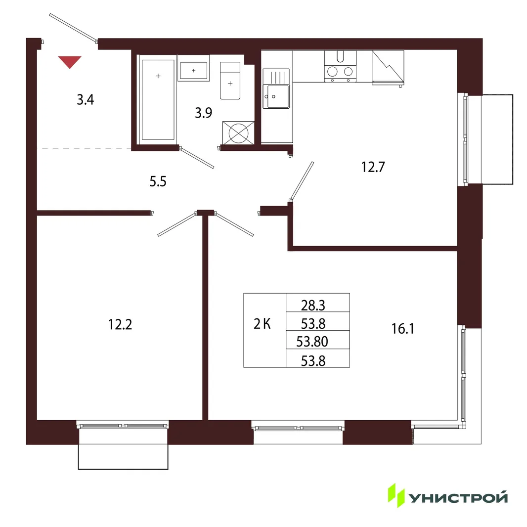 Планировка 2-комн. квартира, 53.8 м² ЖК «Лисино»