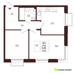Планировка 2-комн. квартира, 53.8 м² ЖК «Лисино»