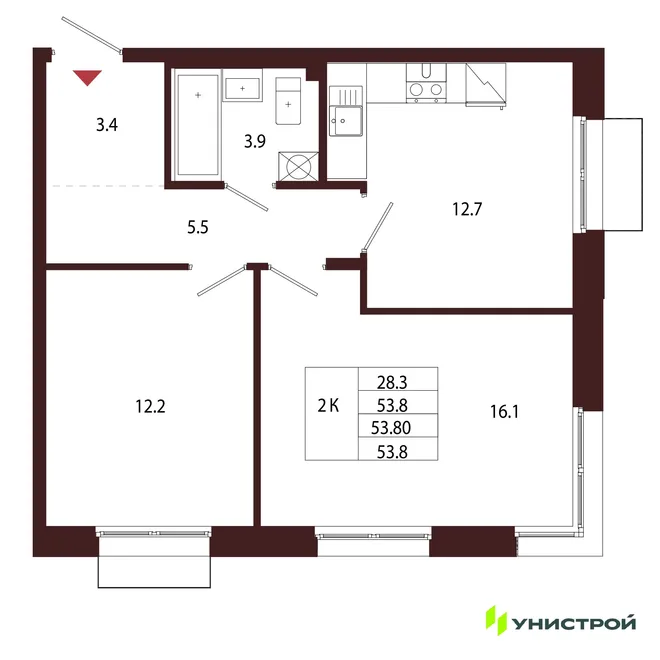 Планировка 2-комн. квартира, 53.8 м² ЖК «Лисино» Планировка 2-комн. квартира, 53.8 м² ЖК «Лисино»